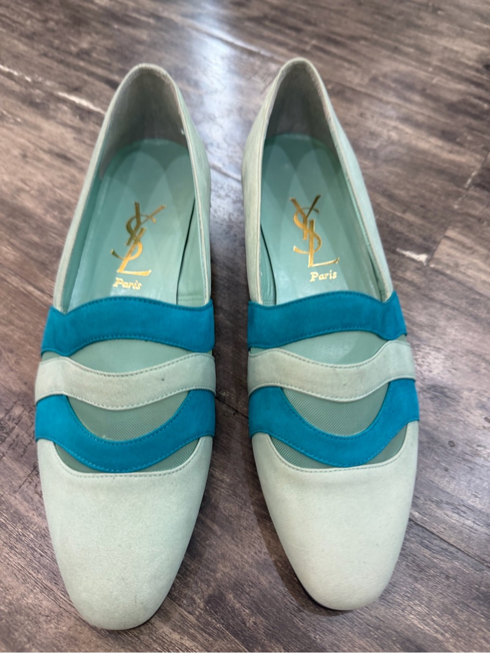 Yves Saint Laurent Mint and Teal Suede Wave Loafers